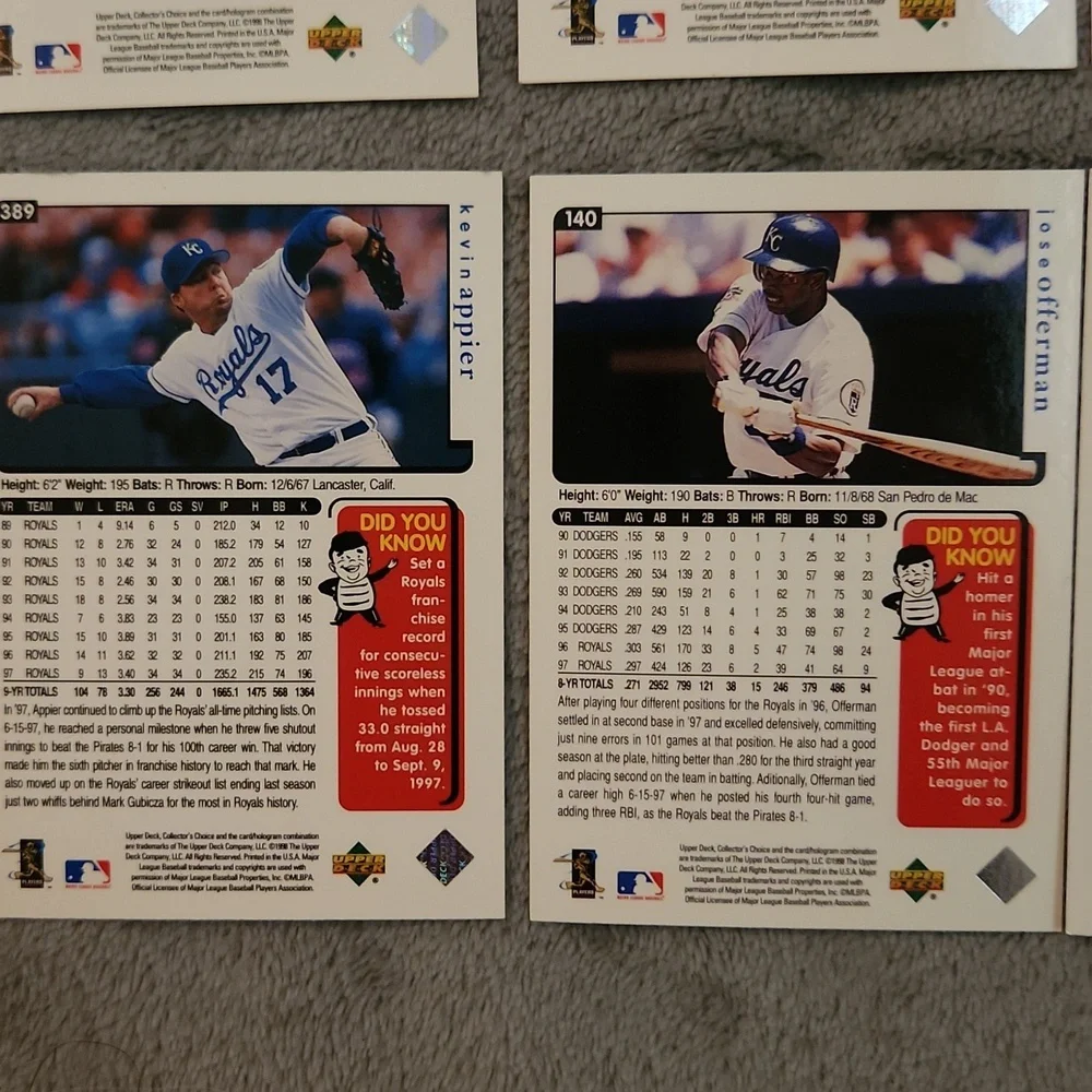 Vintage 1998 Upper Deck Royals Baseball Trading Cards